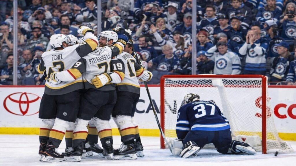 Vegas Golden Knights celebrate overtime win against Winnipeg Jets