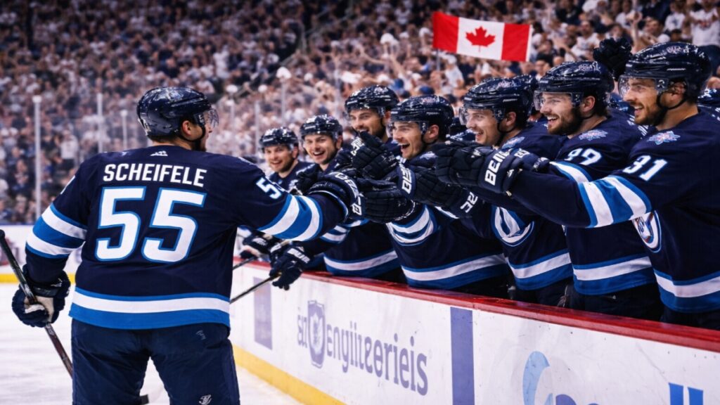 Winnipeg Jets players celebrating a goal during an NHL match in Canada with fans in the arena