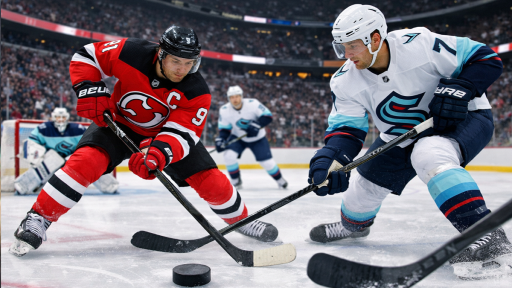NHL ice hockey match action in Canada with players competing for the puck on January 15, 2026