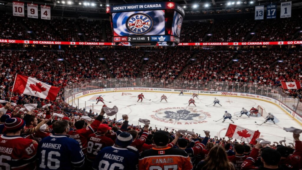 Canadian hockey fans cheering in a packed arena